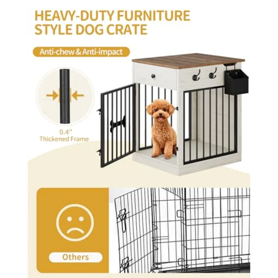 24.6'' Dog Crate Furniture with Charging Station, Dog Kennel Indoor with Flip-Top Storage, Wooden Pet Cage Dog House End Side T