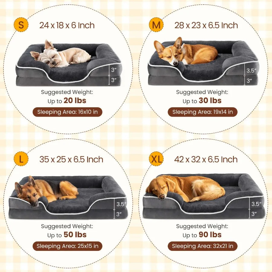 Memory Foam Dog Sofa Bed for Large Dogs, Supportive Pet Couch with Removable Cover, Gray Plush Mattress