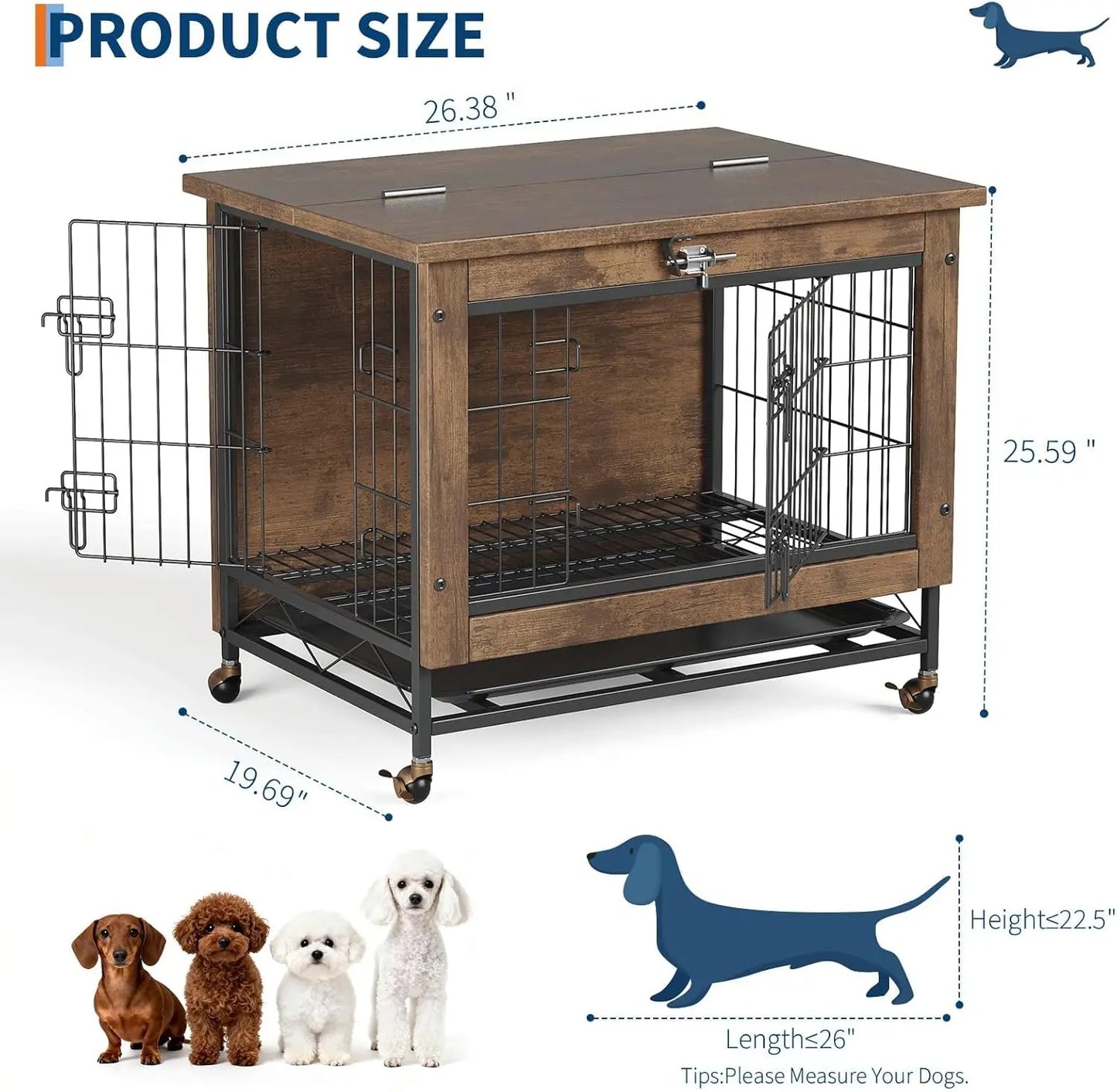 HiMISS Modern Wood and Metal Dog Crate Furniture With Wheels