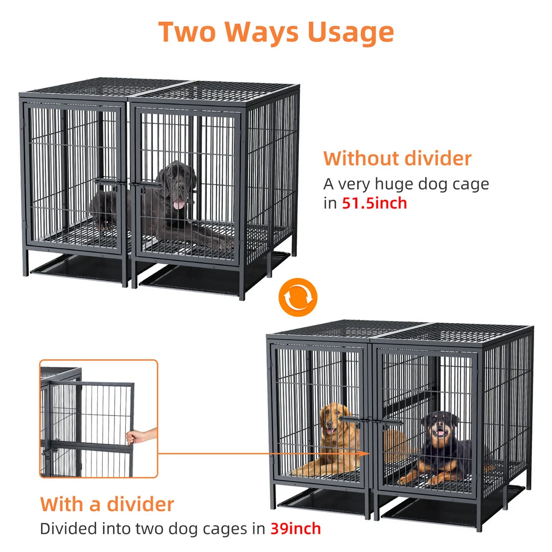 2-in-1 Heavy Duty Metal Dog Cage with Removable Divider,Pet Dog Crate Double Kennel for Two Dogs