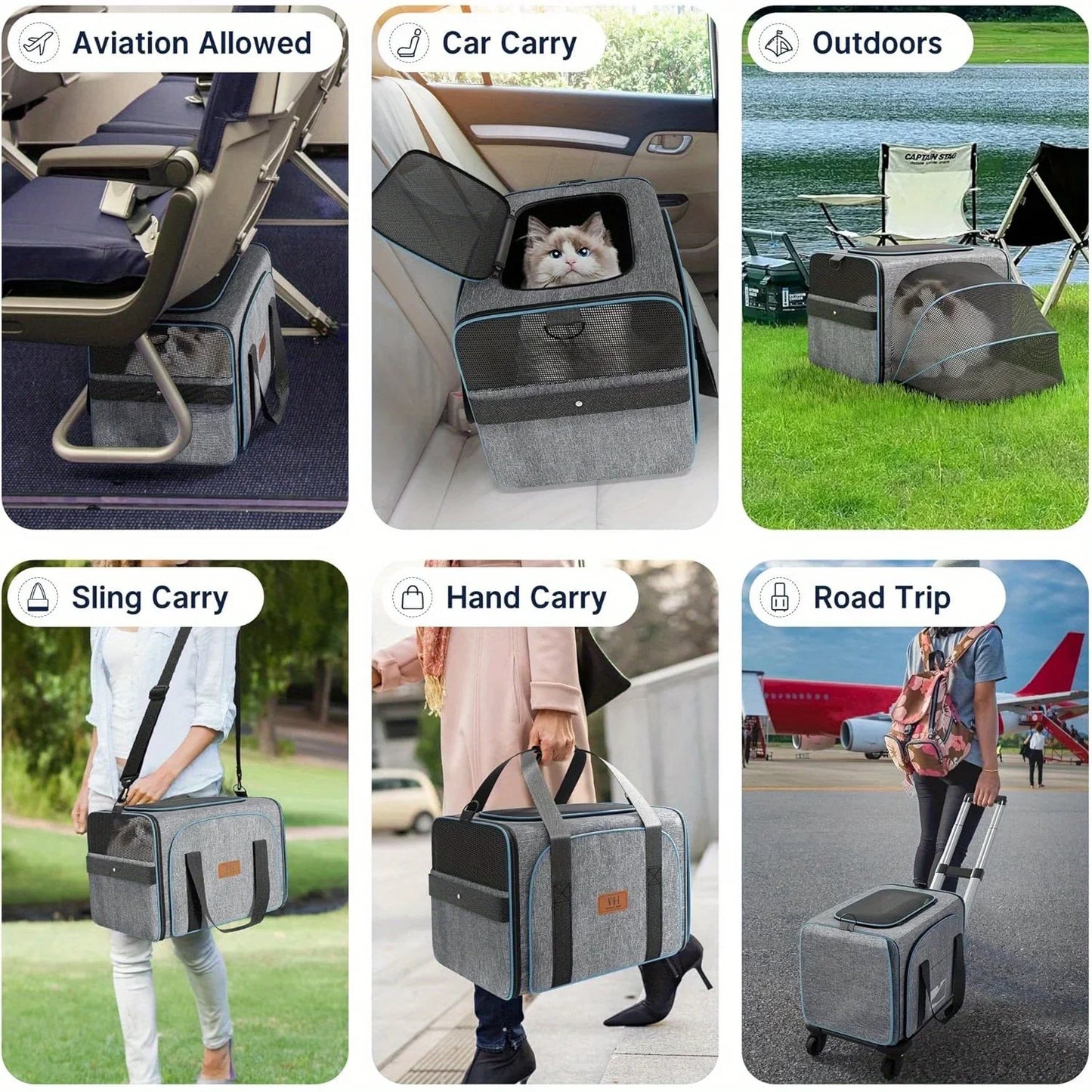 WESTERN HOME WH Wheeled Cat Cage, Expandable Rolling Pet Cage, Aviation Certified, Travel Dog Crate with Detachable Base and Telescopic Handle, Suitable for Traveling/Hiking/Camping