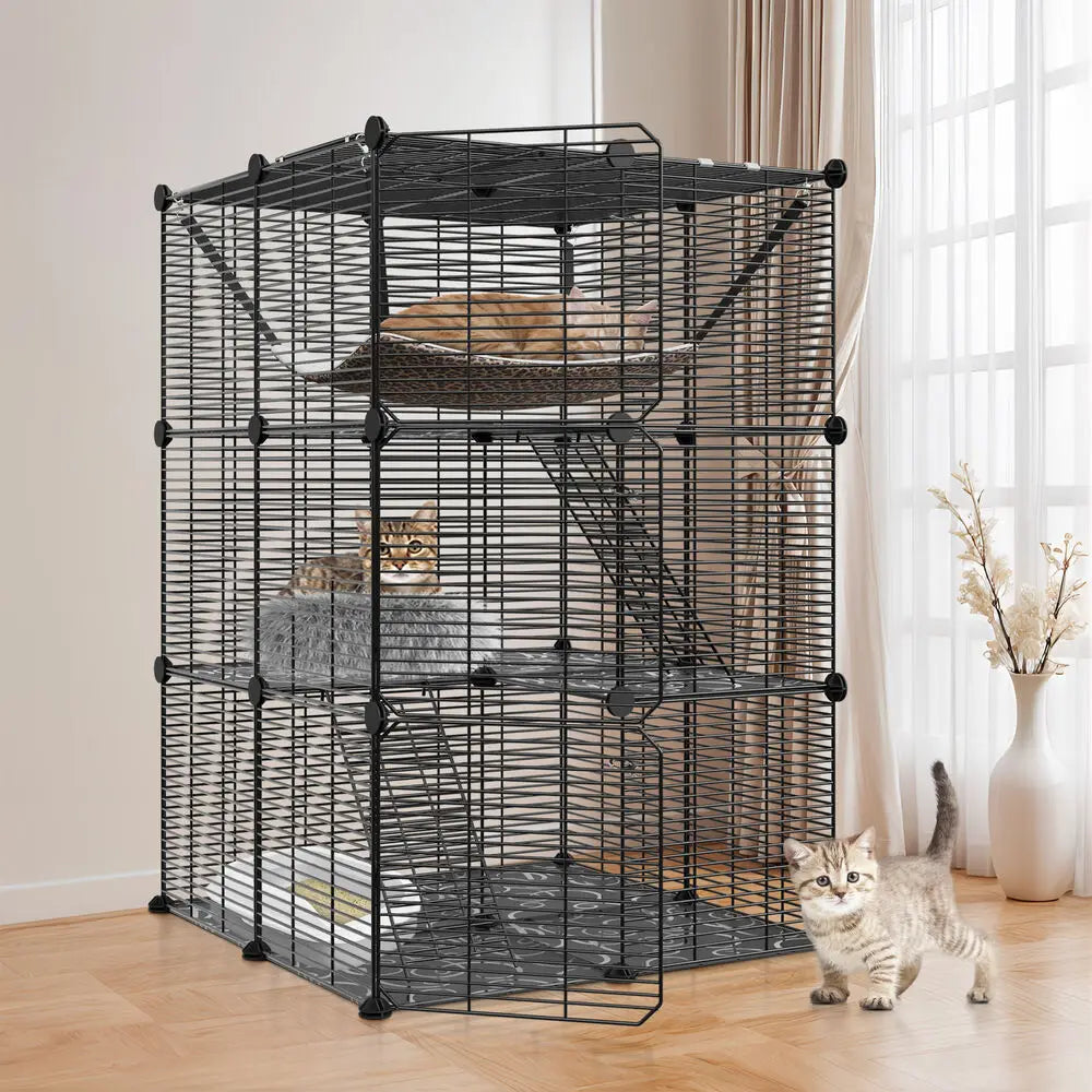 Triple-Tier Cat Cage Enclosure Playpen With Hammock For 1-2 Cats
