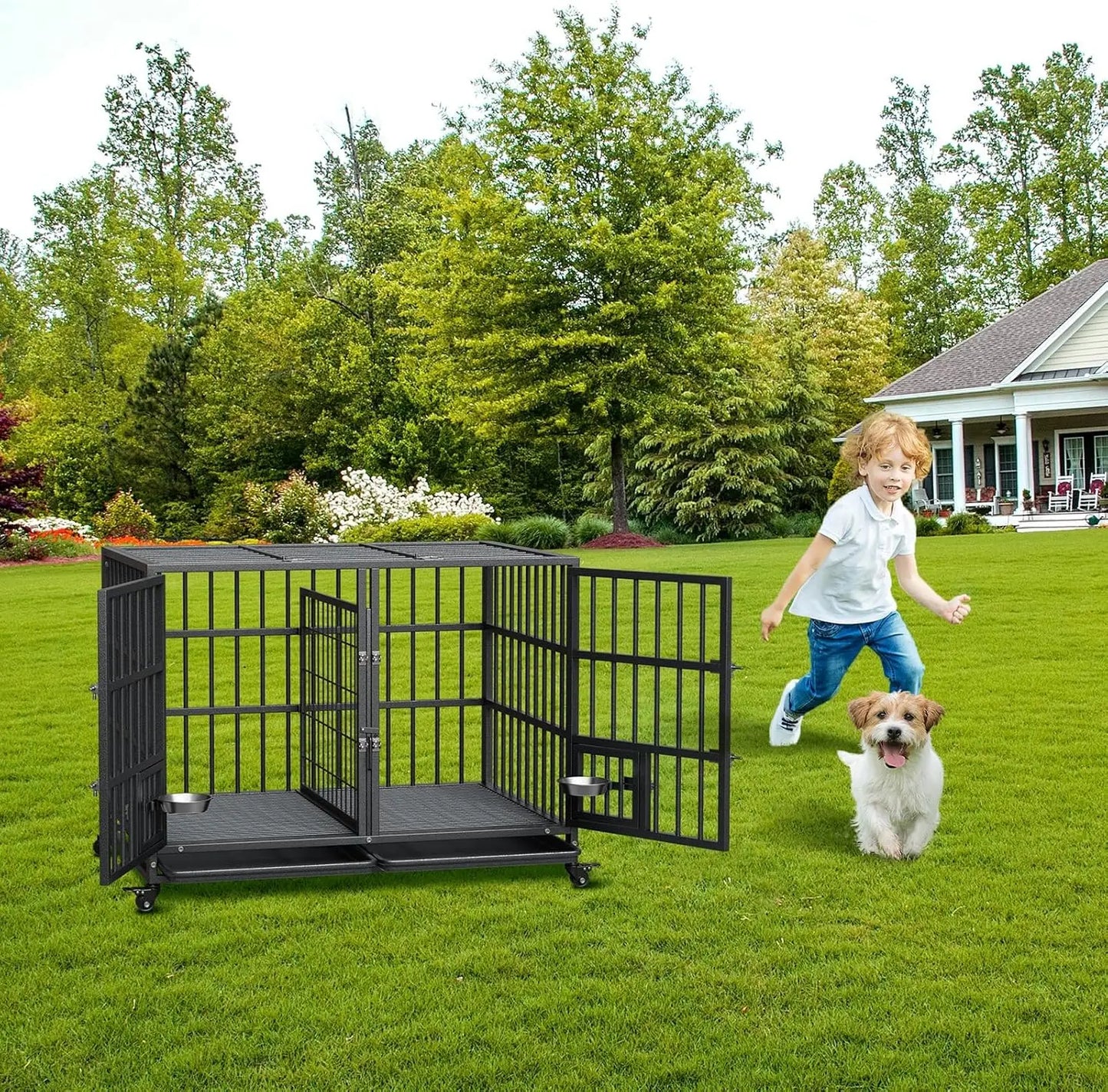 48 Inch Metal Dog Crate with Divider,2 Feeding Door and Bowls,Dog Kennel Indoor Outdoor Removable Tray and Wheels,Pet Cage House