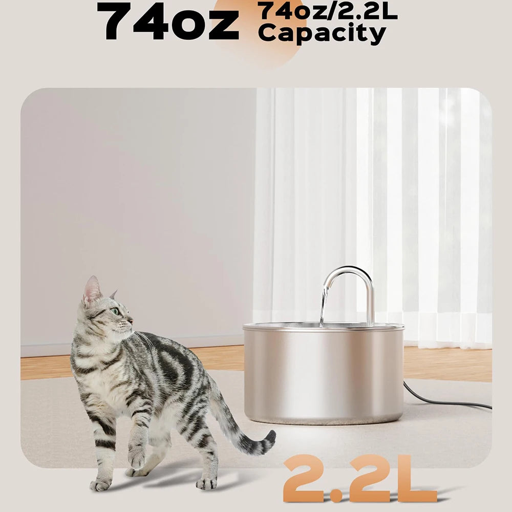 2.2L/74oz Stainless Steel Cat Water Fountain, Ultra Quiet 25dB Pet Water Fountain with Water Level Window, Continuous Circulating Water Bowl for Cats & Small Dogs