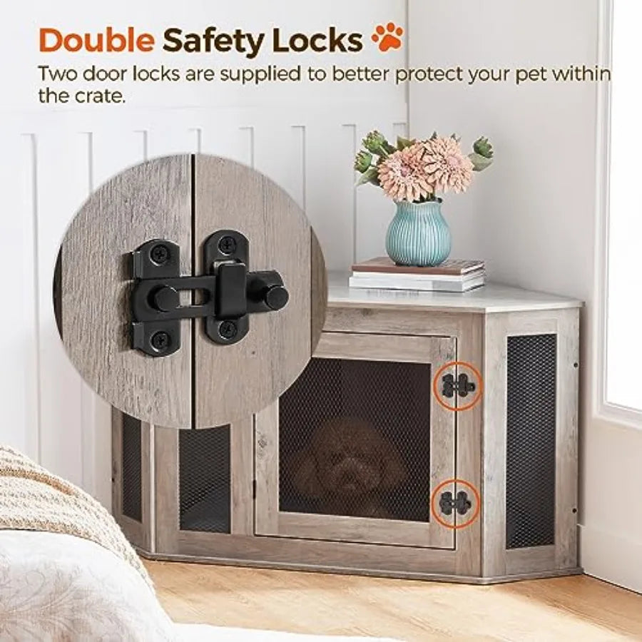 Corner Dog Crate Furniture, Wooden Dog Kennel End Table, Decorative Pet Crate Indoor Use, Furniture Style Dog House for Small M