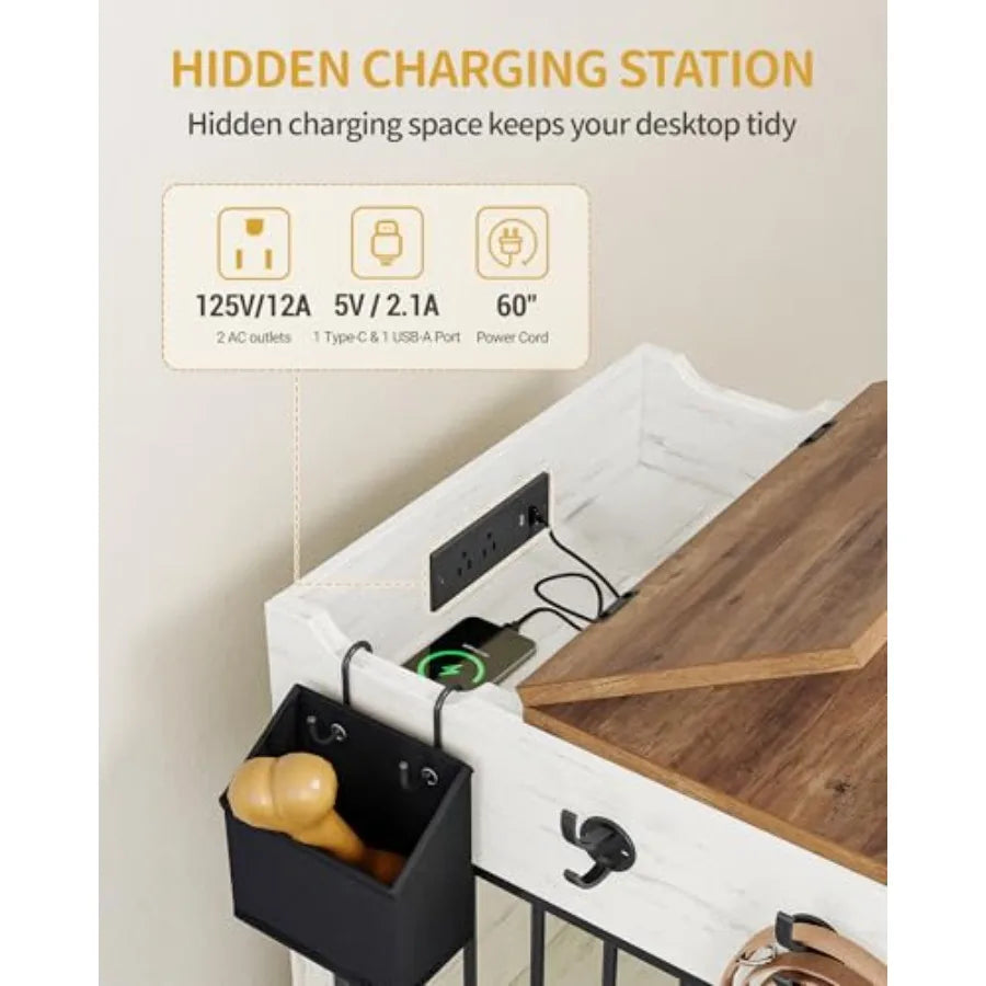 24.6'' Dog Crate Furniture with Charging Station, Dog Kennel Indoor with Flip-Top Storage, Wooden Pet Cage Dog House End Side T