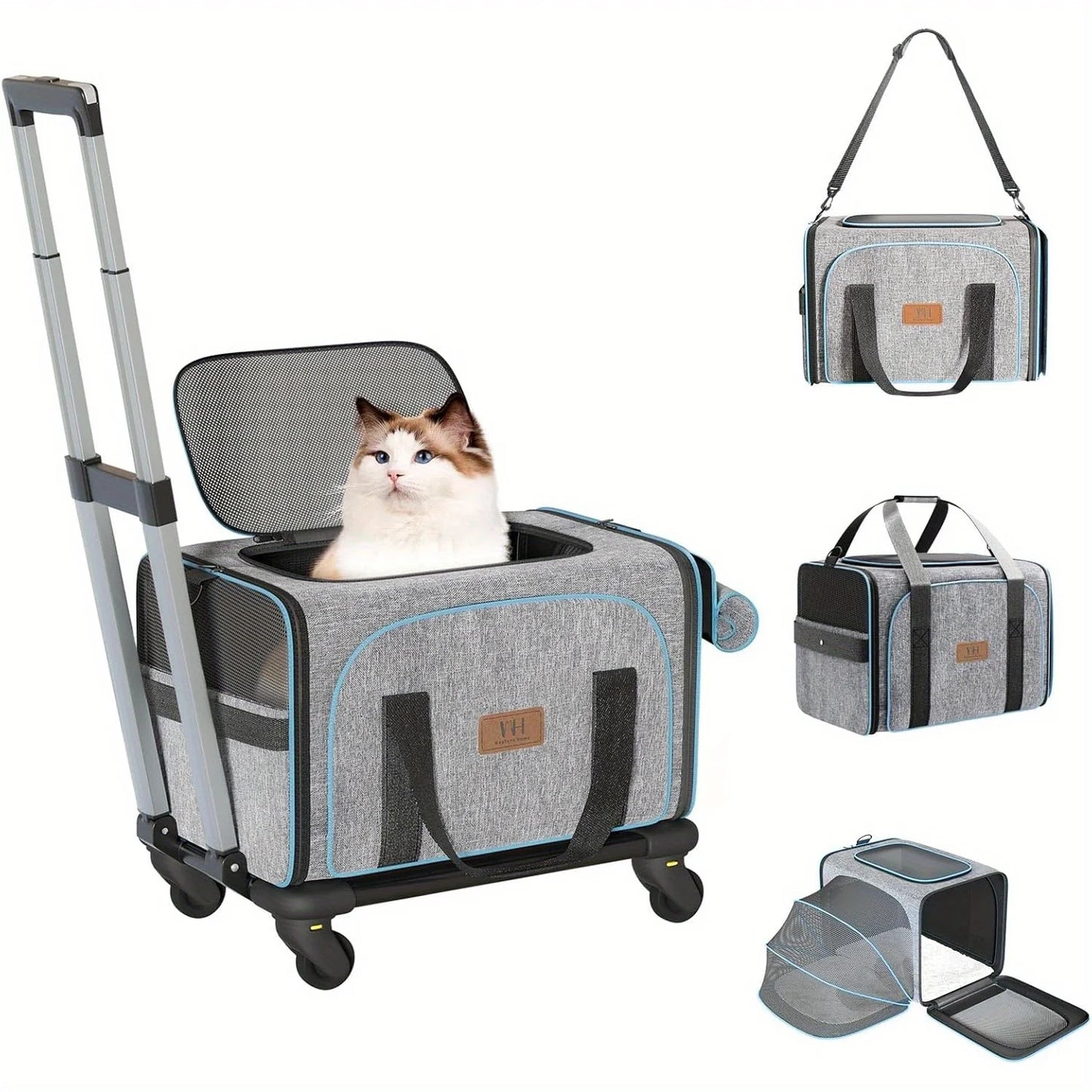 WESTERN HOME WH Wheeled Cat Cage, Expandable Rolling Pet Cage, Aviation Certified, Travel Dog Crate with Detachable Base and Telescopic Handle, Suitable for Traveling/Hiking/Camping