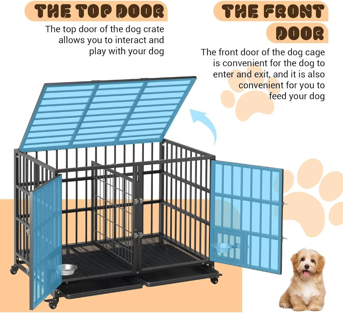 48 Inch Metal Dog Crate with Divider,2 Feeding Door and Bowls,Dog Kennel Indoor Outdoor Removable Tray and Wheels,Pet Cage House