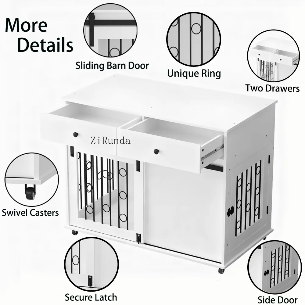 39.37'' Modern Wooden Dog Crate Furniture with Double Drawers and Sliding Barn Door, Decorative Pet Kennel End Table with Lock