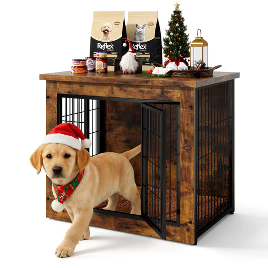Wooden Dog Crate Furniture With Thick Cushion And Double Door Side Table