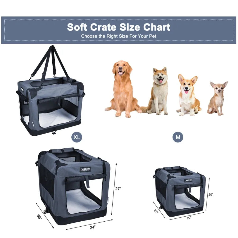 and GOOPAWS: 27" Soft Pet Crate - Grey - Dogs and Cats Up to 35 lbs 3 Door Folding Kennel Indoor Outdoor Travel Carrier Mesh Wi