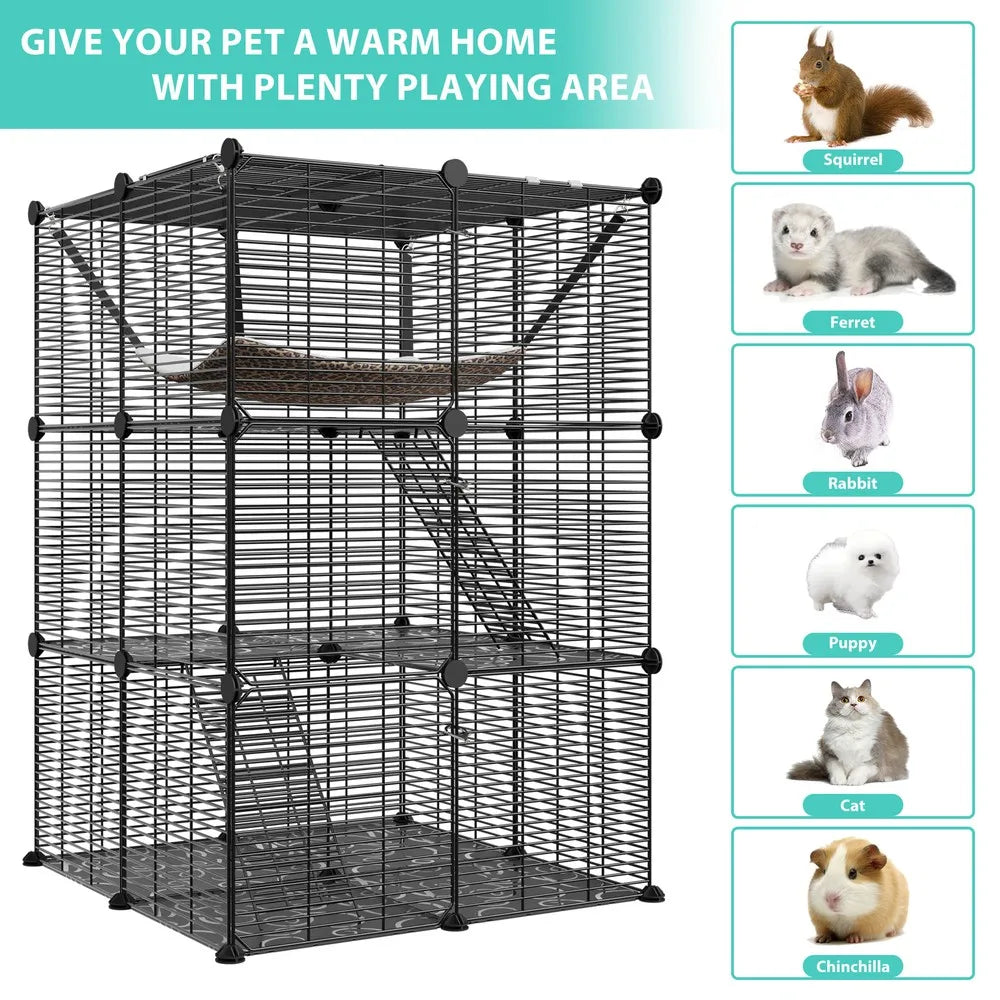 Three-Tier Cat Cage Enclosure Metal Wire Kennel Playpen Hammock