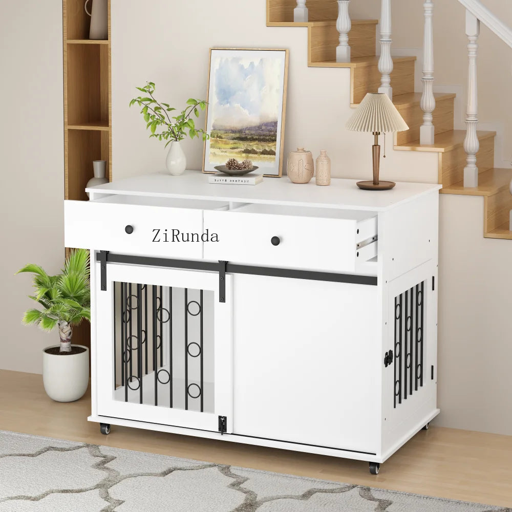 39.37'' Modern Wooden Dog Crate Furniture with Double Drawers and Sliding Barn Door, Decorative Pet Kennel End Table with Lock