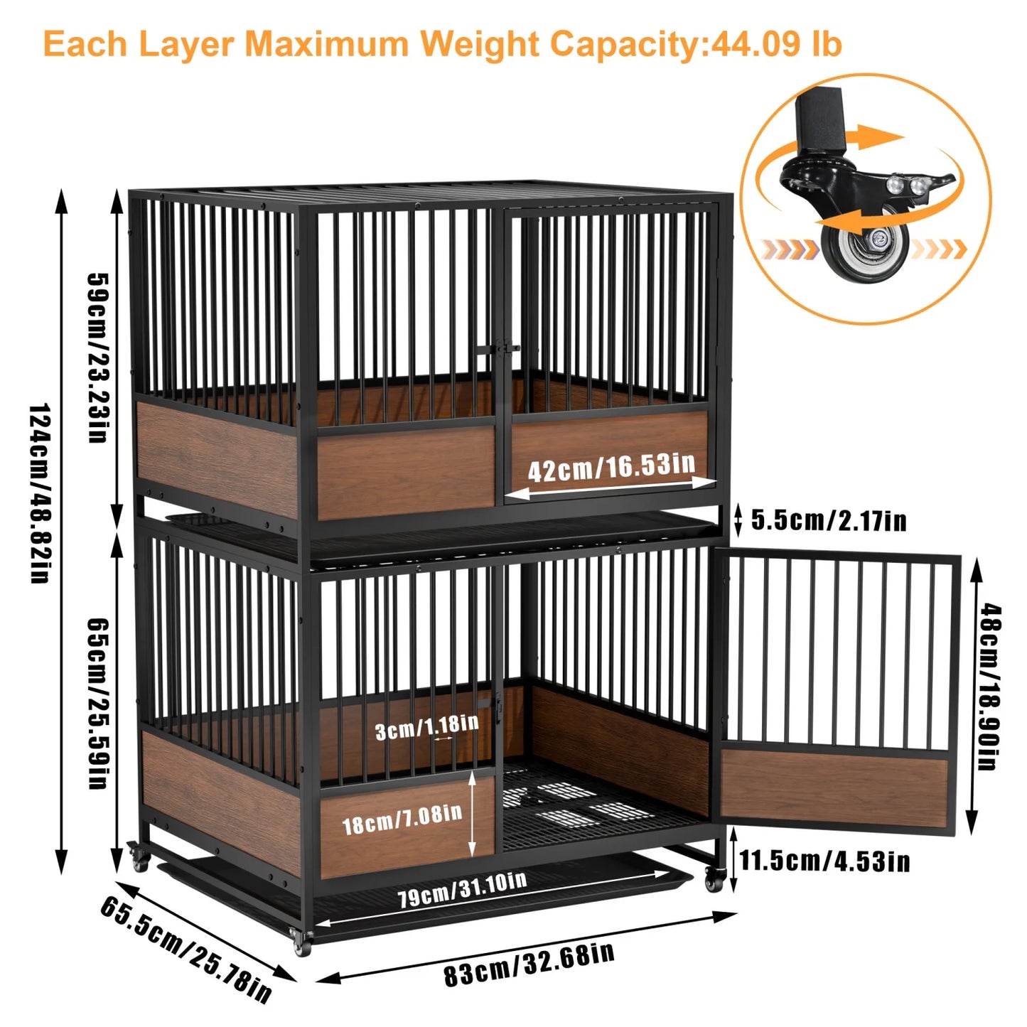 Heavy Duty Dog Crate Cage Kennel Removable Tray Rolling Pet Cat Kitten Whelping Cage on Wheels for Homes Cat Boarding Pet Shops Stackable 2 in 1
