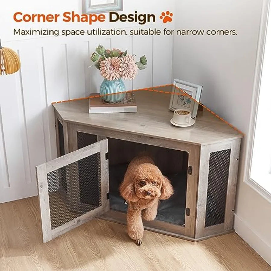 Corner Dog Crate Furniture, Wooden Dog Kennel End Table, Decorative Pet Crate Indoor Use, Furniture Style Dog House for Small M