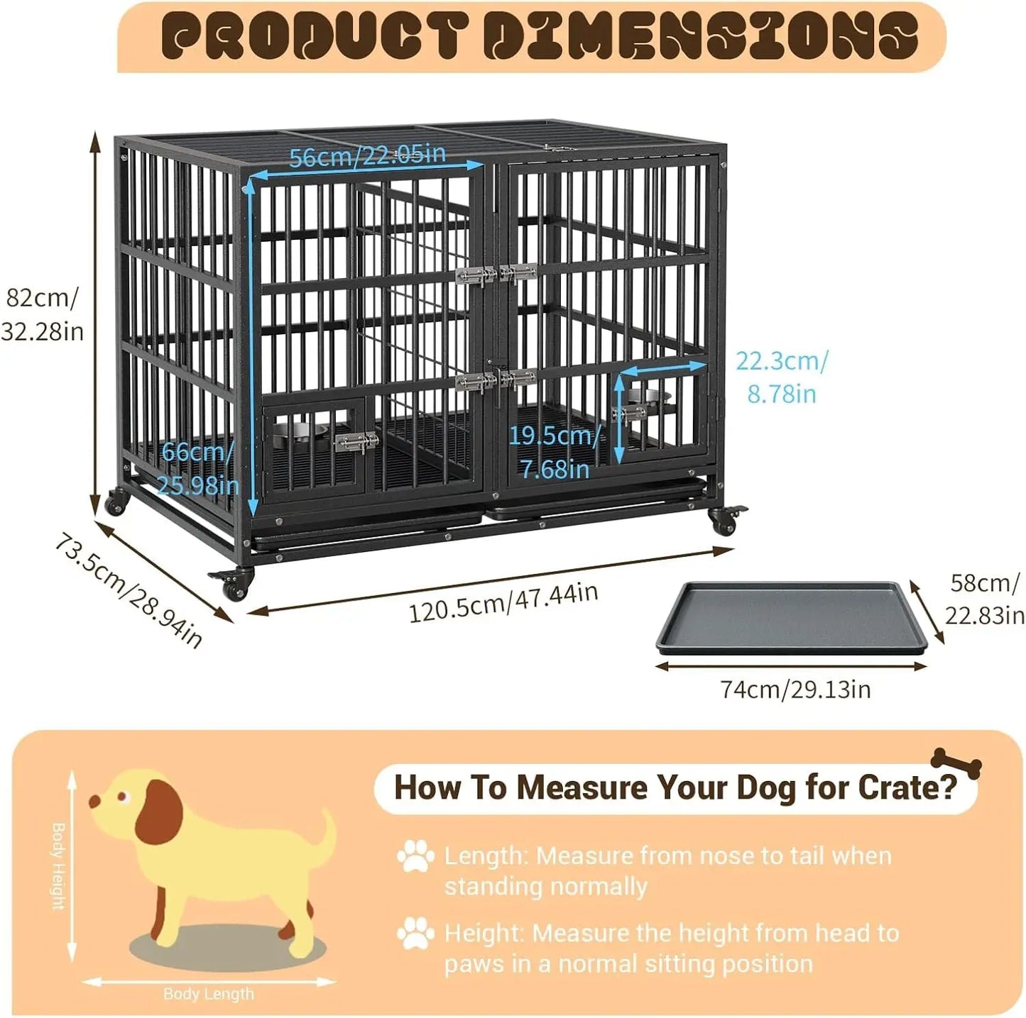 48 Inch Metal Dog Crate with Divider,2 Feeding Door and Bowls,Dog Kennel Indoor Outdoor Removable Tray and Wheels,Pet Cage House