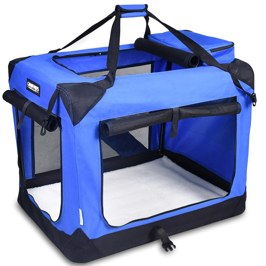 JESPET: 30' Soft Pet Crate - Blue - Dogs & Cats Up to 50 lbs, 3 Door Folding Kennel, Indoor Outdoor Travel Carrier, Mesh Windows