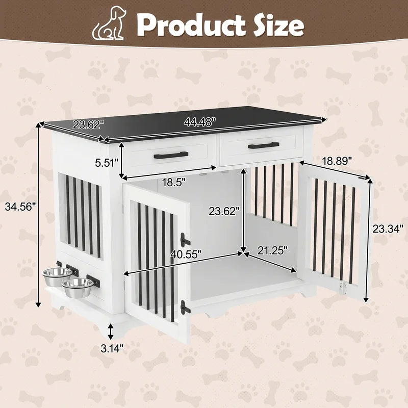 44.48" Wooden Dog Crate End Table with 2 Drawers and Rotating Bowls, White Black Pet Kennel for Medium Dogs