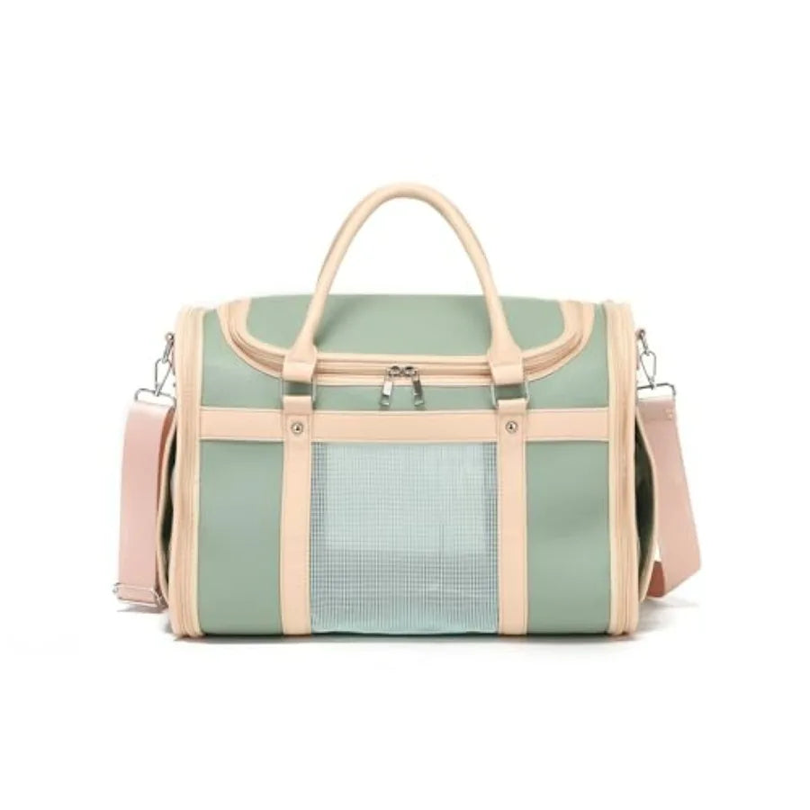 Luxury Mint Green PU Leather Pet Carrier Bag, Airline Compliant Portable Travel Crate with Breathable Mesh Panels and Shoulder