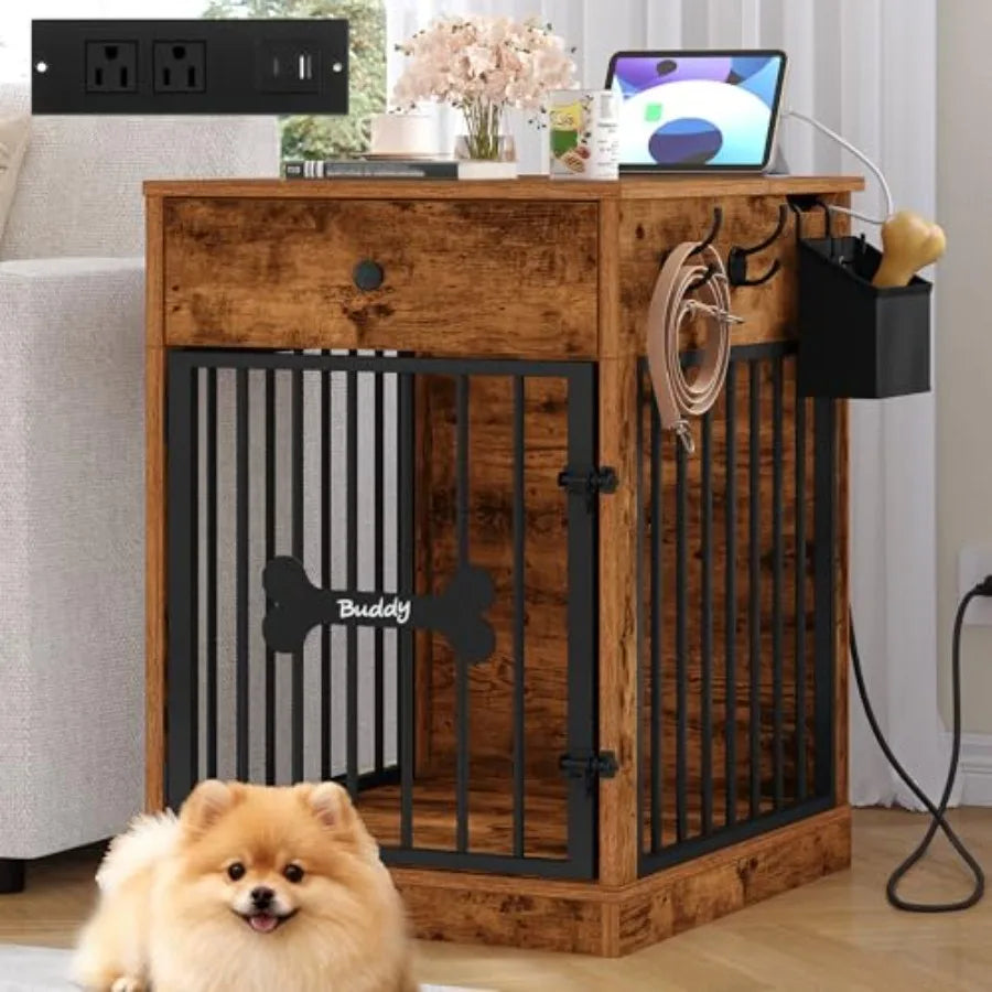 24.6'' Dog Crate Furniture with Charging Station, Dog Kennel Indoor with Flip-Top Storage, Wooden Pet Cage Dog House End Side T