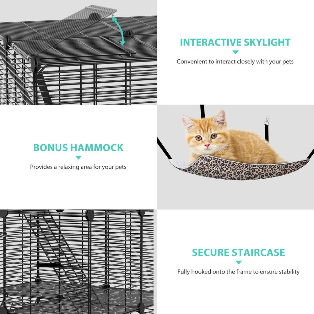 Triple-Tier Cat Cage Enclosure Playpen With Hammock For 1-2 Cats