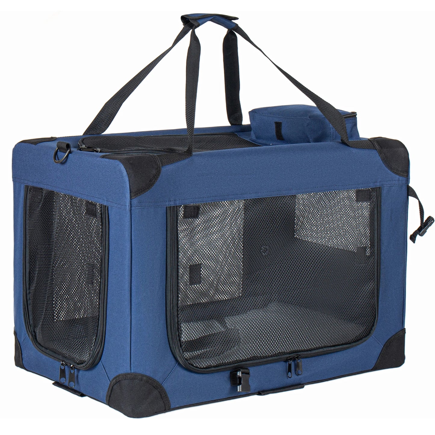 28'' 2-in-1 Collapsible Travel Dog Crate for Medium & Large Dogs, Rolling Pet Carrier with Wheels, 3-Door Portable Folding Kennel with Mesh Windows, for Indoor & Outdoor Use, Dark Blue