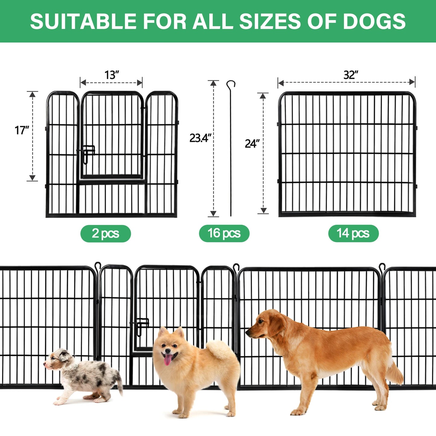 Dog Playpen 16 Panel Foldable Metal Pet Exercise Pen 24 Inch Outdoor Yard Camping Puppy Containment Fence Portable Pet