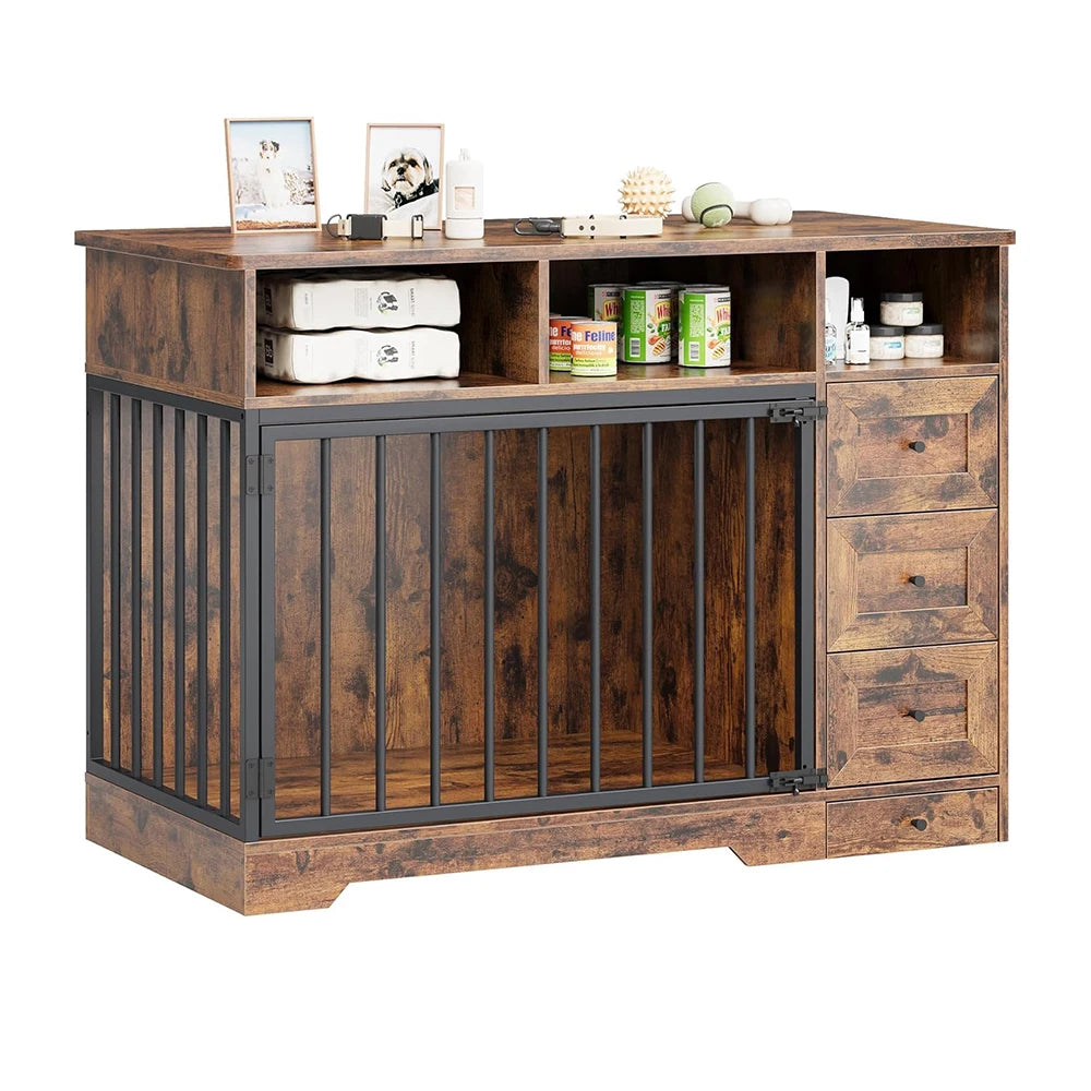 48 Inch Dog Crate Furniture, Farmhouse Dog Kennel with Bowl & Drawers, Heavy Duty Pet Crate Table for Medium Small Dogs