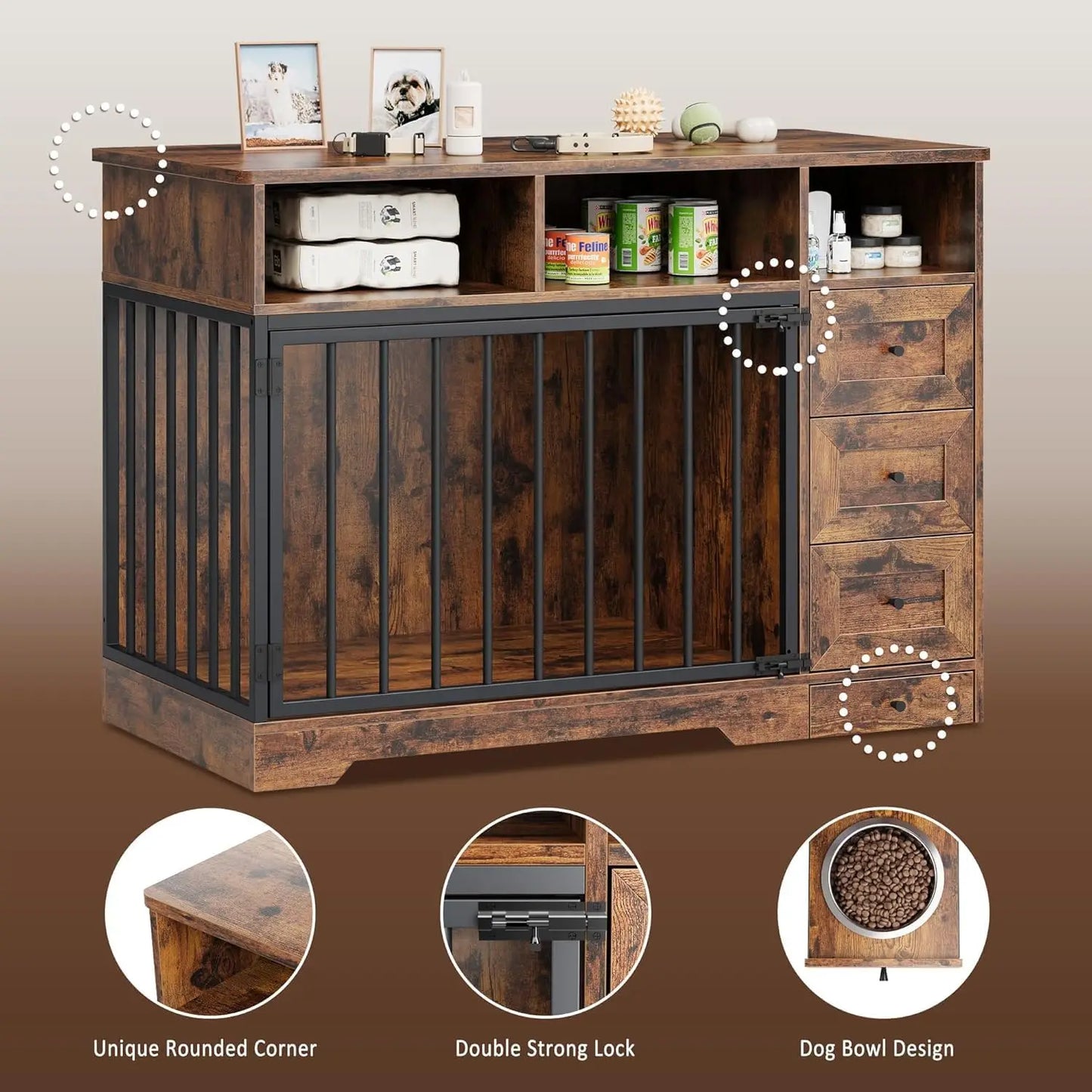 48 Inch Dog Crate Furniture, Farmhouse Dog Kennel with Bowl & Drawers, Heavy Duty Pet Crate Table for Medium Small Dogs