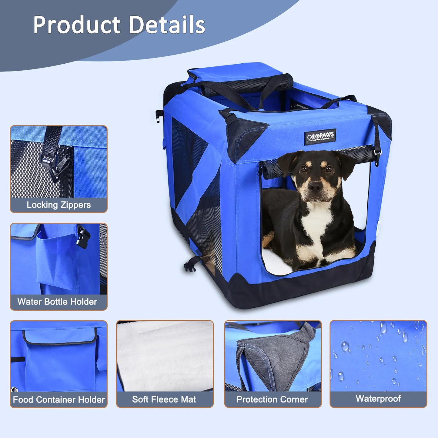 JESPET: 30' Soft Pet Crate - Blue - Dogs & Cats Up to 50 lbs, 3 Door Folding Kennel, Indoor Outdoor Travel Carrier, Mesh Windows