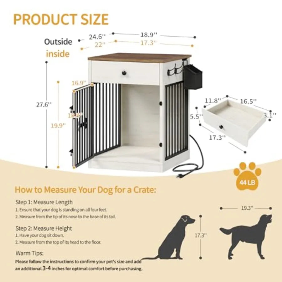24.6'' Dog Crate Furniture with Charging Station, Dog Kennel Indoor with Flip-Top Storage, Wooden Pet Cage Dog House End Side T