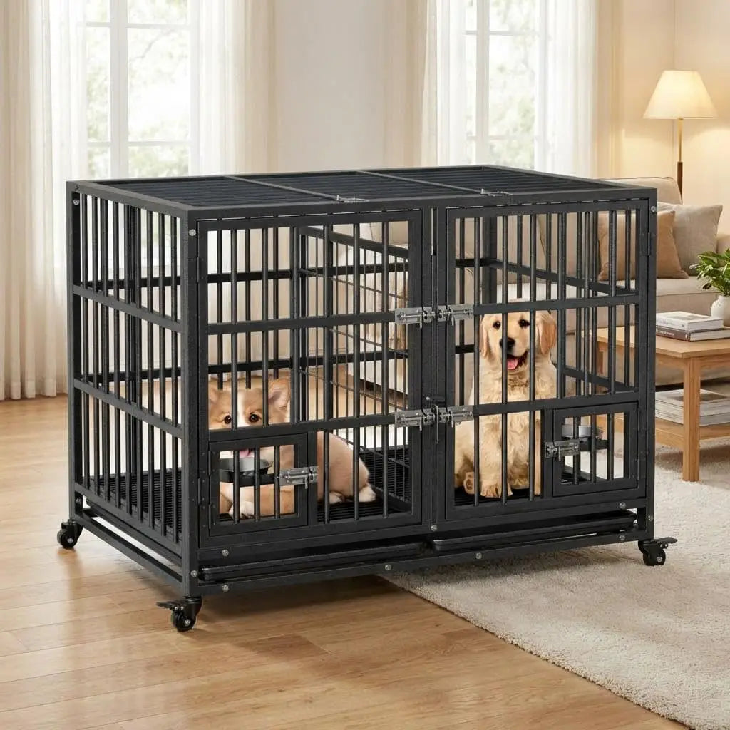48 Inch Metal Dog Crate with Divider,2 Feeding Door and Bowls,Dog Kennel Indoor Outdoor Removable Tray and Wheels,Pet Cage House