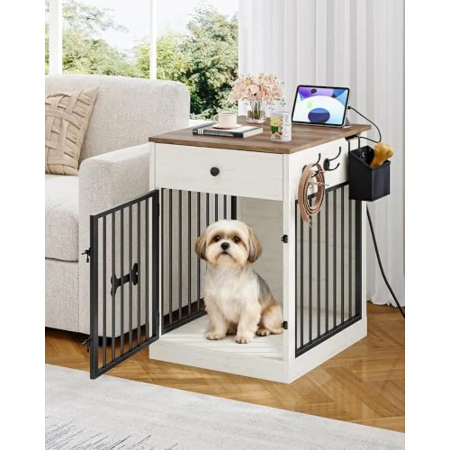 24.6'' Dog Crate Furniture with Charging Station, Dog Kennel Indoor with Flip-Top Storage, Wooden Pet Cage Dog House End Side T