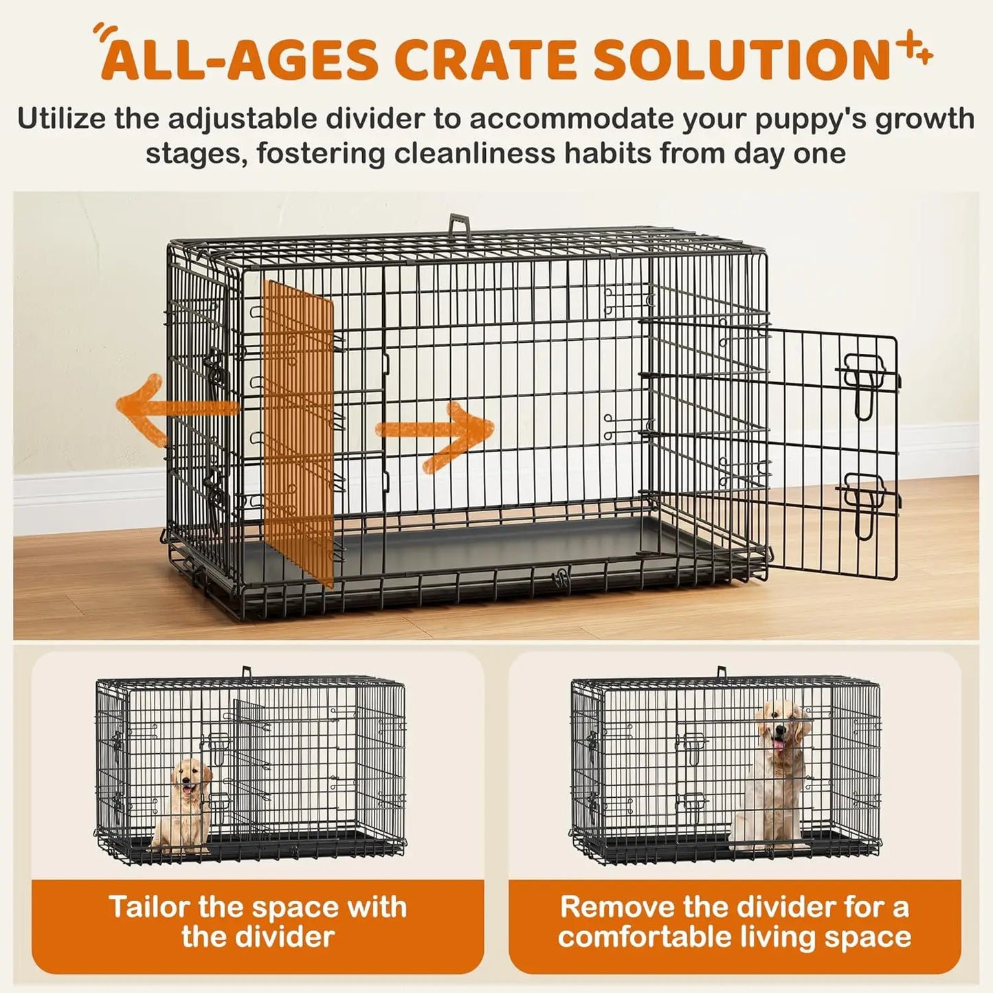 42 inch Double Door Dog Crate w/Divider for Puppy to Adult XL Collapsible Metal Crate with Removable Tray Wire Dog Kennel for Large Dogs Portable Travel Cage, Black
