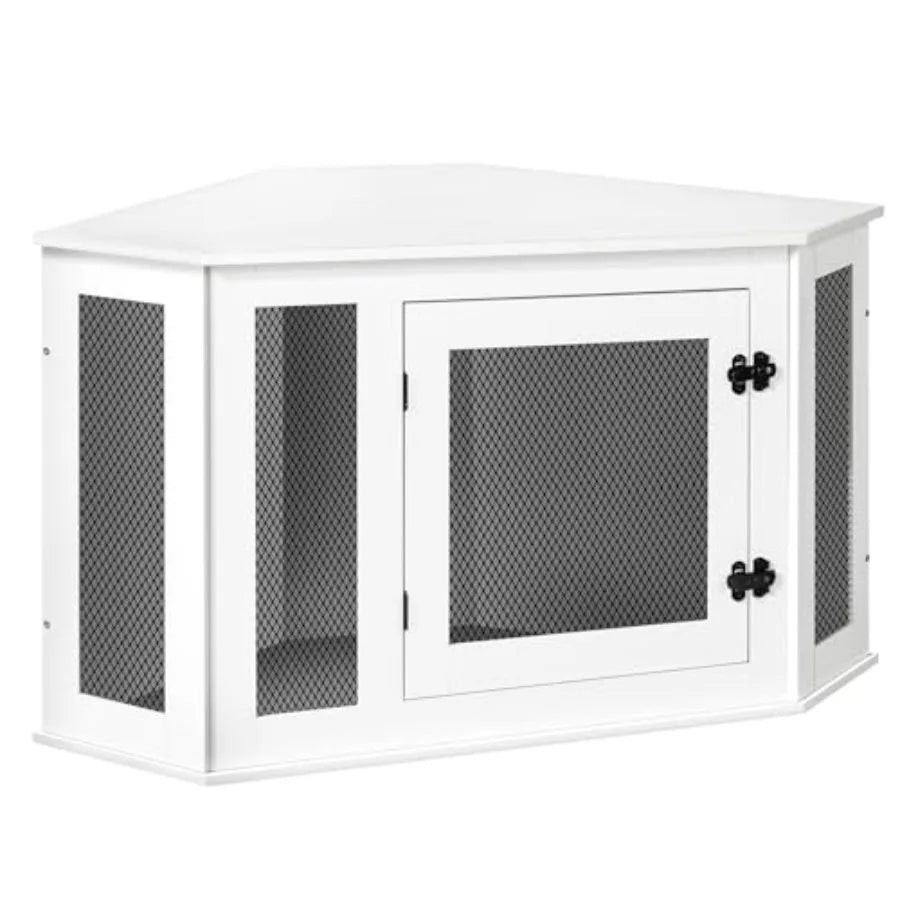 Corner Dog Crate Furniture, Wooden Dog Kennel End Table, Decorative Pet Crate Indoor Use, Furniture Style Dog House for Small M