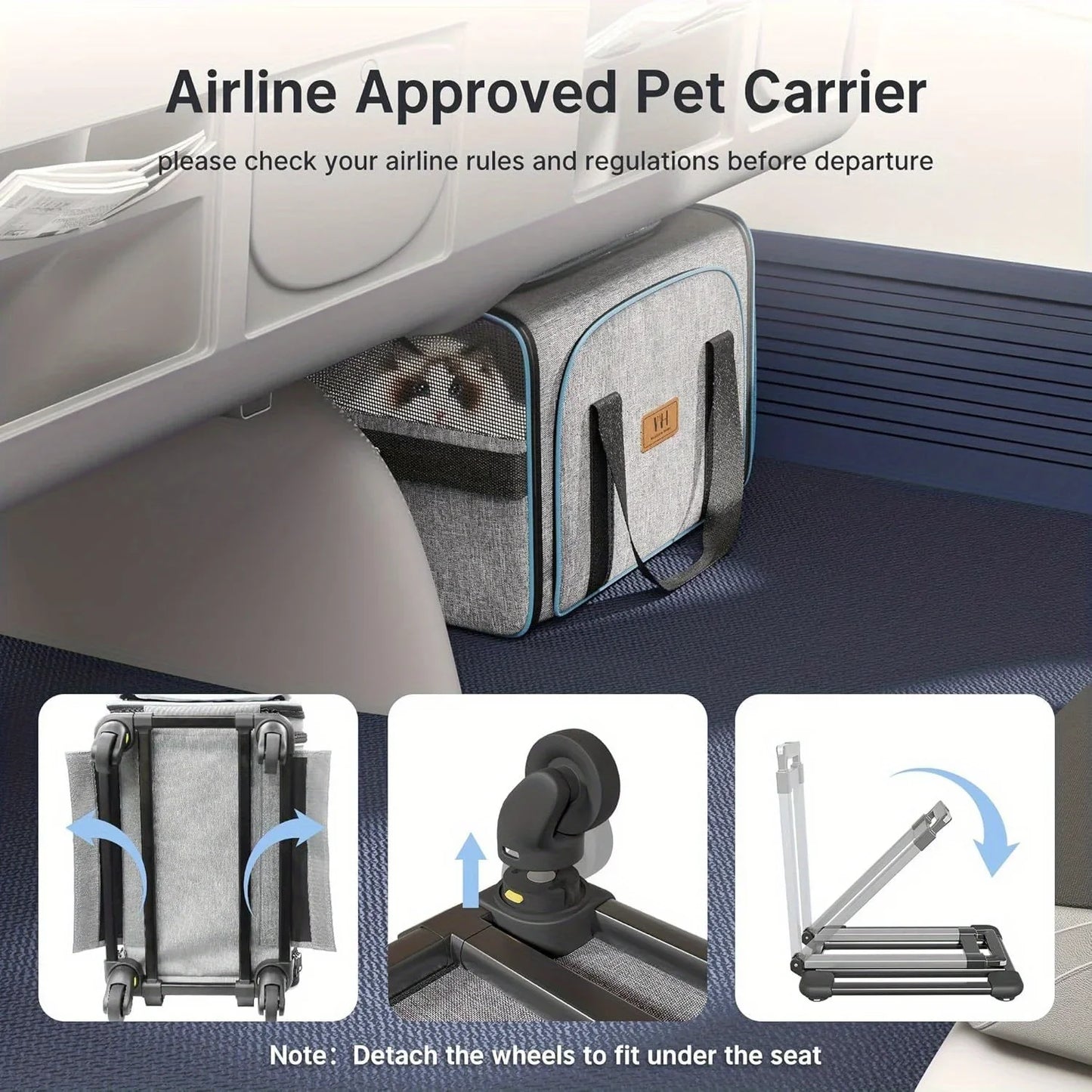 WESTERN HOME WH Wheeled Cat Cage, Expandable Rolling Pet Cage, Aviation Certified, Travel Dog Crate with Detachable Base and Telescopic Handle, Suitable for Traveling/Hiking/Camping