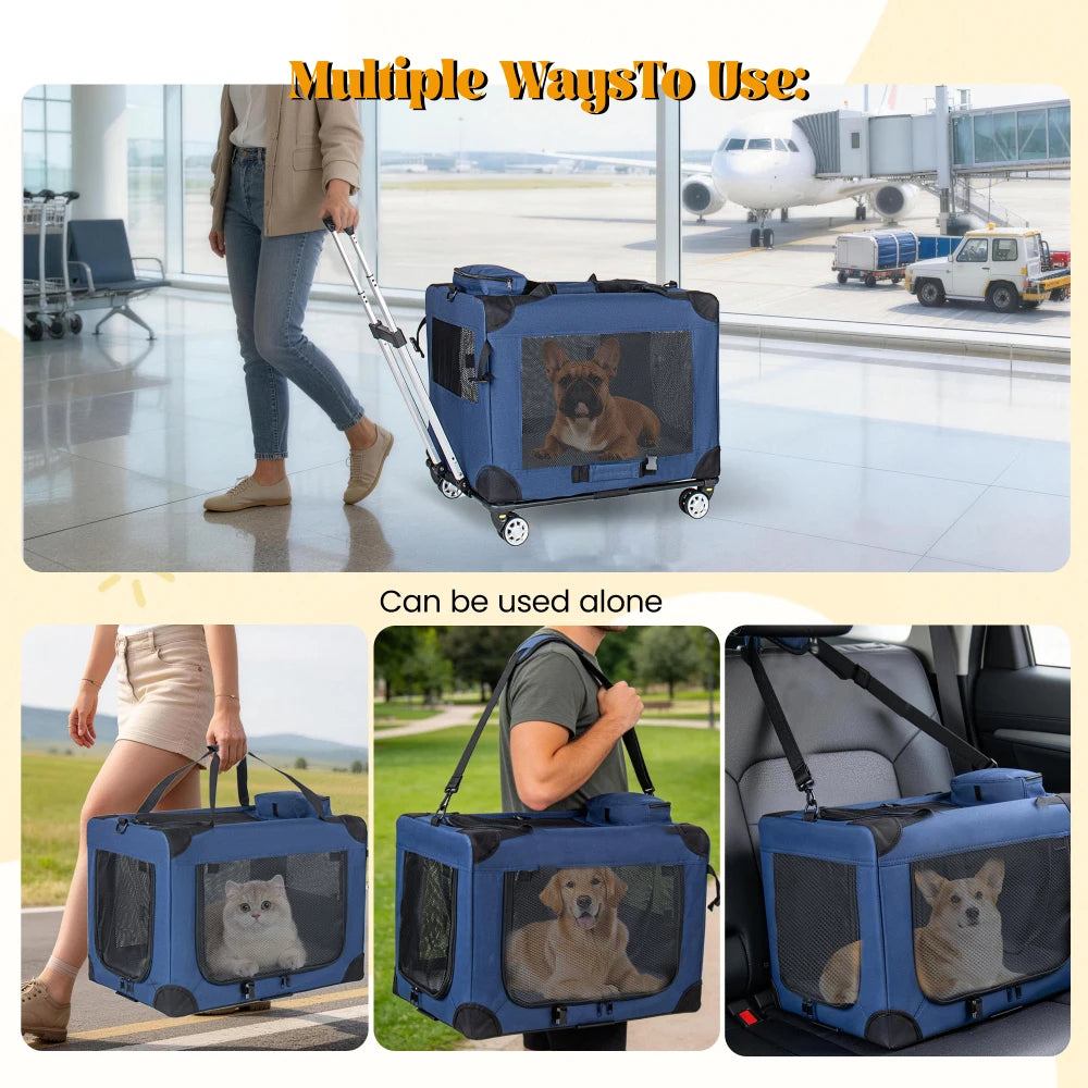 28'' 2-in-1 Collapsible Travel Dog Crate for Medium & Large Dogs, Rolling Pet Carrier with Wheels, 3-Door Portable Folding Kennel with Mesh Windows, for Indoor & Outdoor Use, Dark Blue