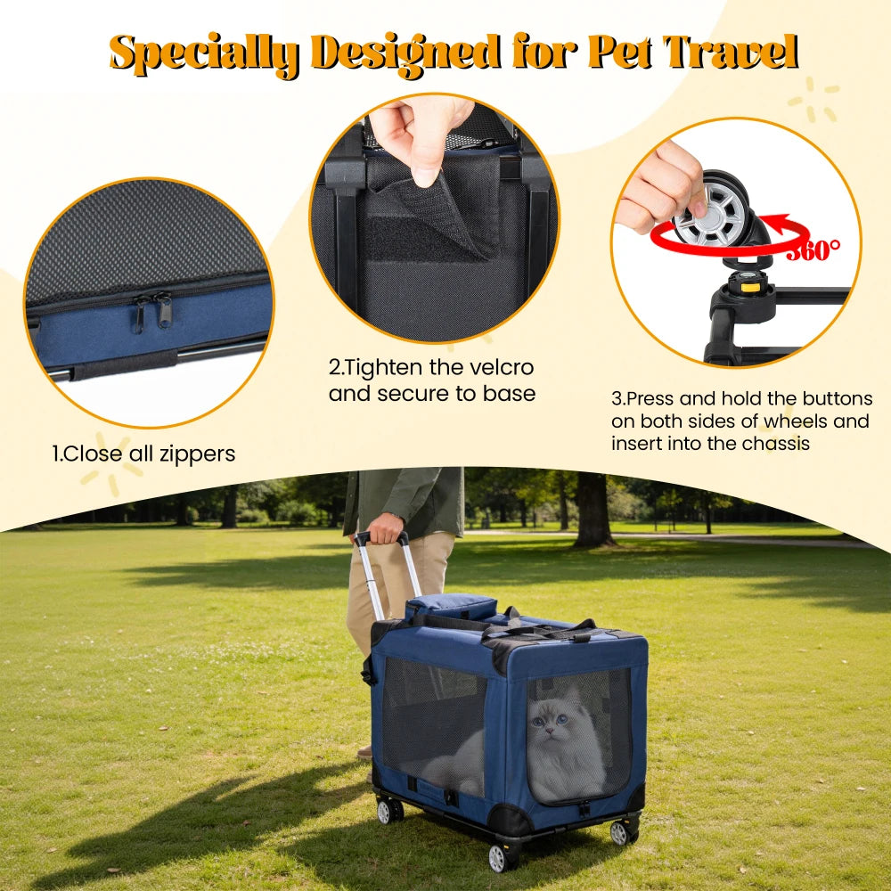 28'' 2-in-1 Collapsible Travel Dog Crate for Medium & Large Dogs, Rolling Pet Carrier with Wheels, 3-Door Portable Folding Kennel with Mesh Windows, for Indoor & Outdoor Use, Dark Blue