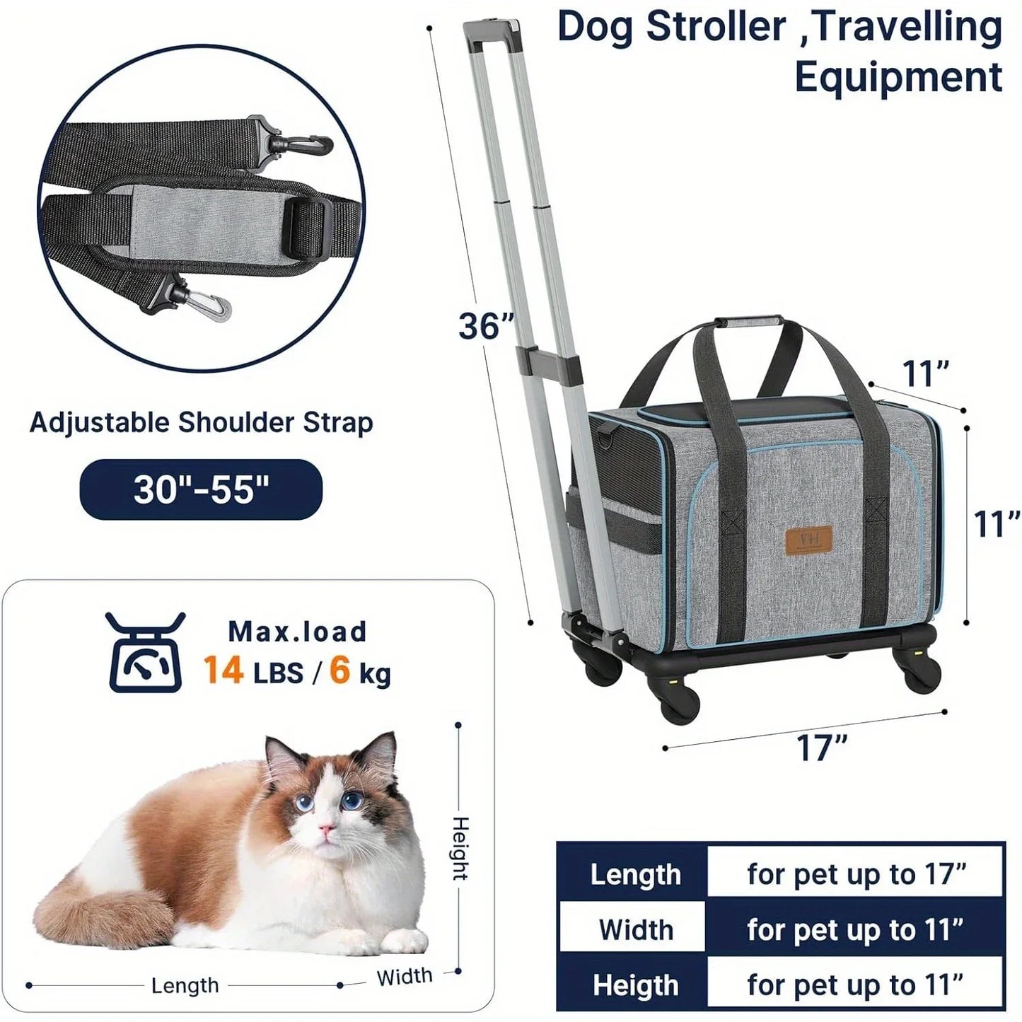 WESTERN HOME WH Wheeled Cat Cage, Expandable Rolling Pet Cage, Aviation Certified, Travel Dog Crate with Detachable Base and Telescopic Handle, Suitable for Traveling/Hiking/Camping