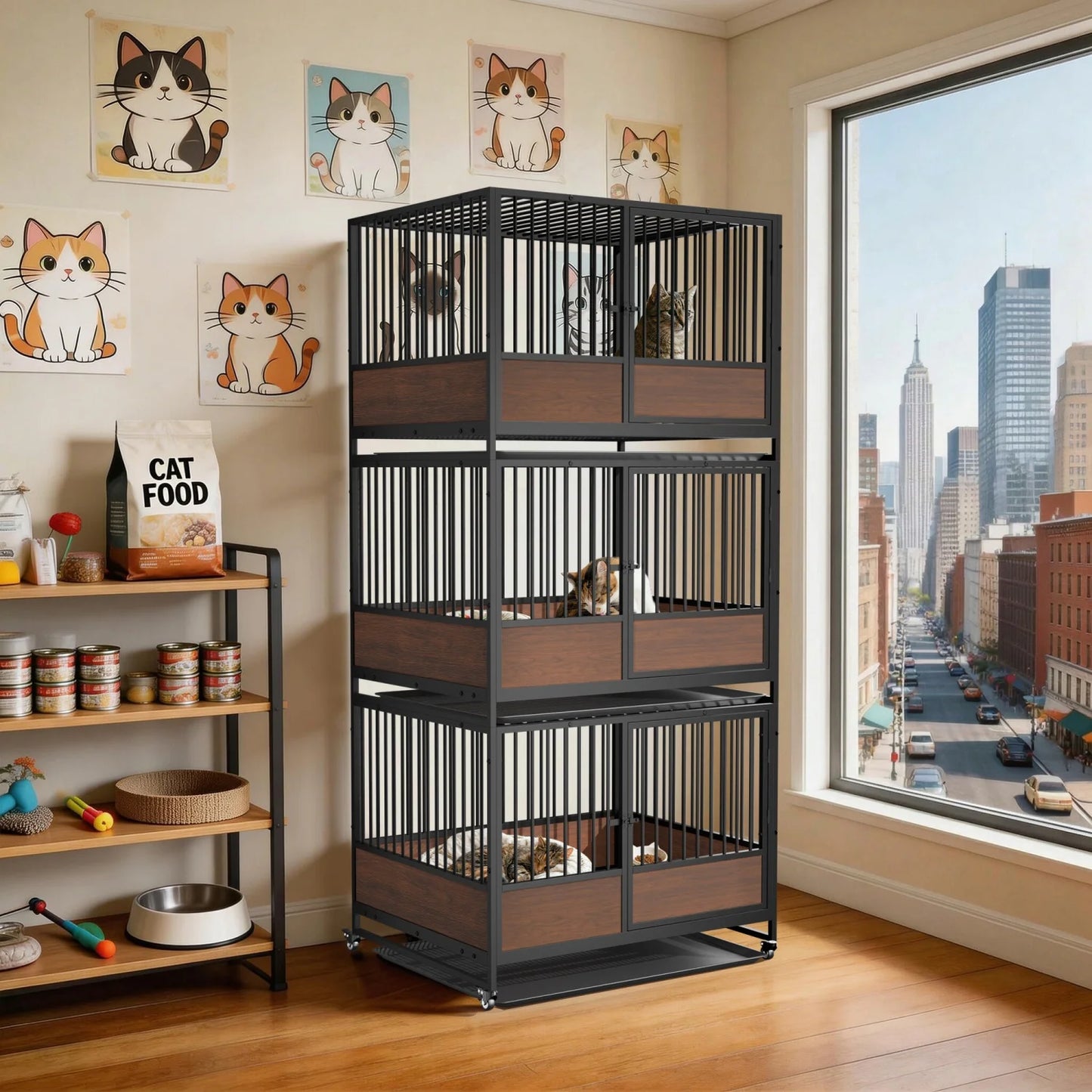 Heavy Duty Dog Crate Cage Kennel Removable Tray Rolling Pet Cat Kitten Whelping Cage on Wheels for Homes Cat Boarding Pet Shops Stackable 2 in 1