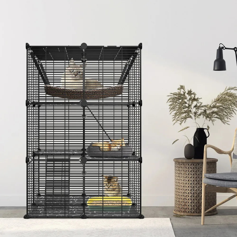 Three-Tier Cat Cage Enclosure Metal Wire Kennel Playpen Hammock