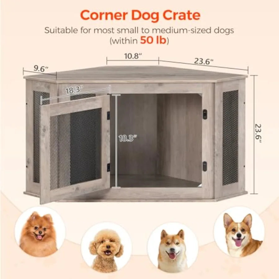 Corner Dog Crate Furniture, Wooden Dog Kennel End Table, Decorative Pet Crate Indoor Use, Furniture Style Dog House for Small M