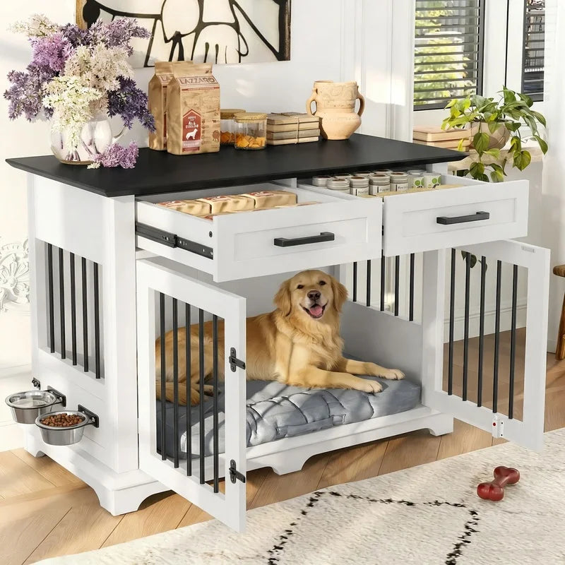 44.48" Wooden Dog Crate End Table with 2 Drawers and Rotating Bowls, White Black Pet Kennel for Medium Dogs