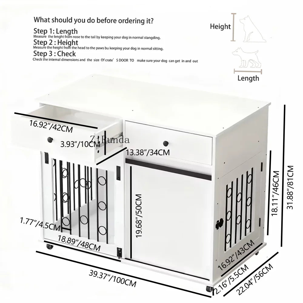 39.37'' Modern Wooden Dog Crate Furniture with Double Drawers and Sliding Barn Door, Decorative Pet Kennel End Table with Lock