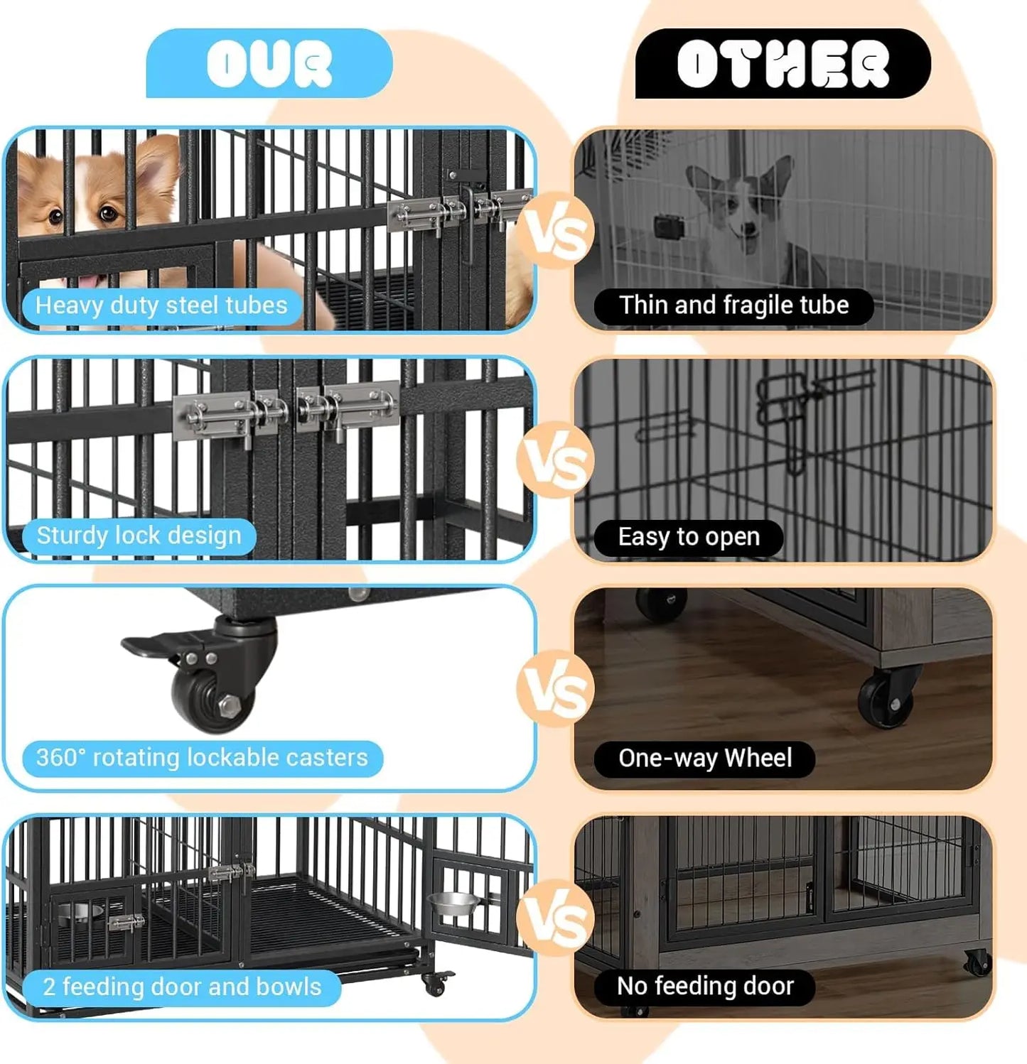 48 Inch Metal Dog Crate with Divider,2 Feeding Door and Bowls,Dog Kennel Indoor Outdoor Removable Tray and Wheels,Pet Cage House