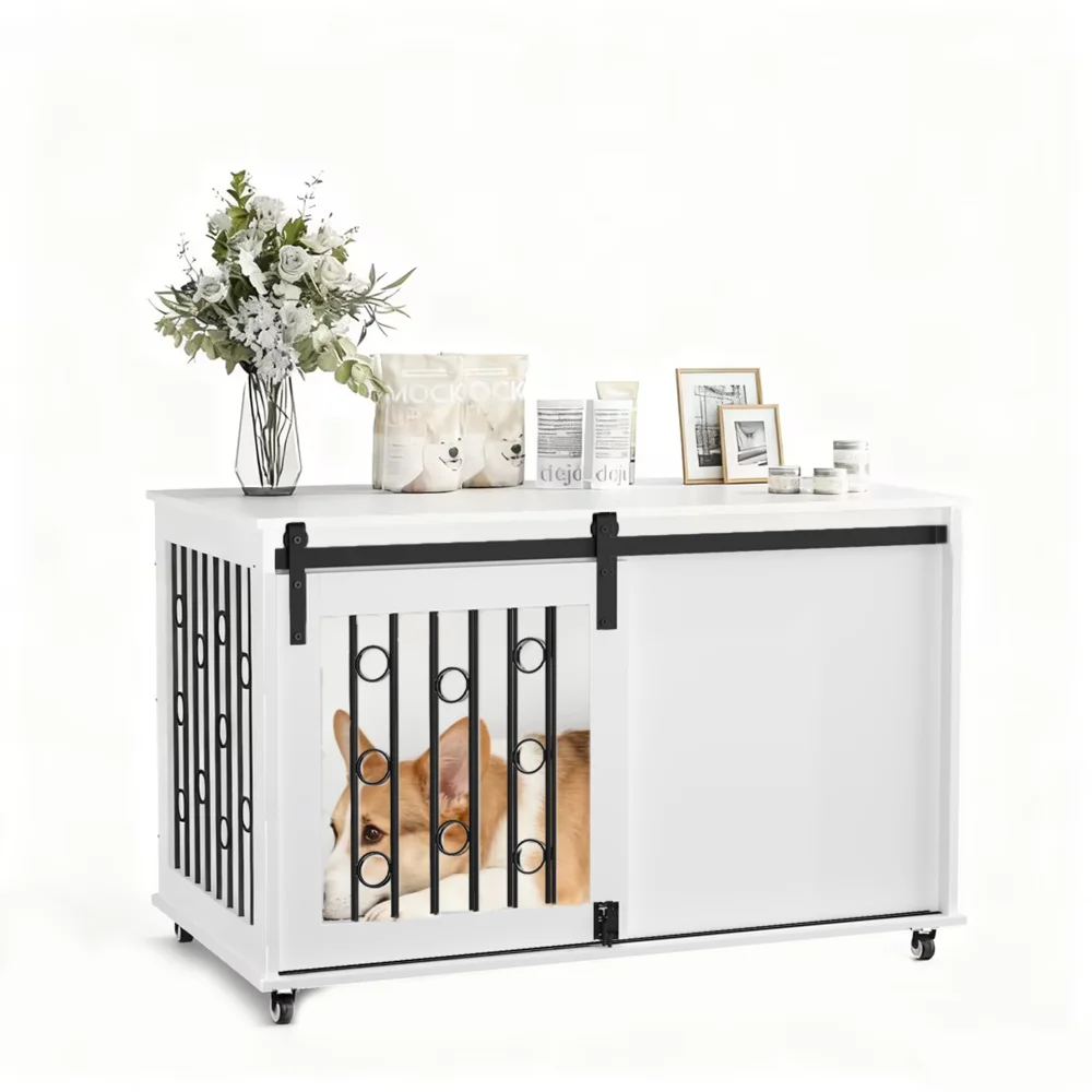 39.37'' Modern Wooden Dog Crate Furniture with Double Drawers and Sliding Barn Door, Decorative Pet Kennel End Table with Lock