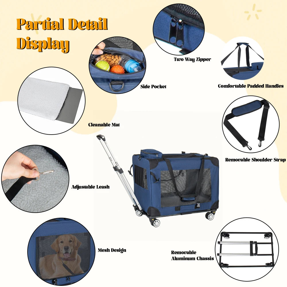 28'' 2-in-1 Collapsible Travel Dog Crate for Medium & Large Dogs, Rolling Pet Carrier with Wheels, 3-Door Portable Folding Kennel with Mesh Windows, for Indoor & Outdoor Use, Dark Blue