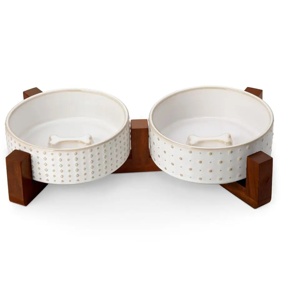 Dog Bowl Set with Walnut Wood Stand, 1.5 Cups Ceramic Pet Bowls for Puppy Dogs, Dual Food and Water Bowls with Weighted NonSlip