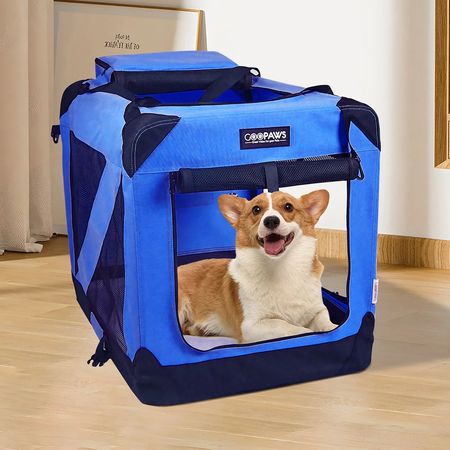 JESPET: 30' Soft Pet Crate - Blue - Dogs & Cats Up to 50 lbs, 3 Door Folding Kennel, Indoor Outdoor Travel Carrier, Mesh Windows