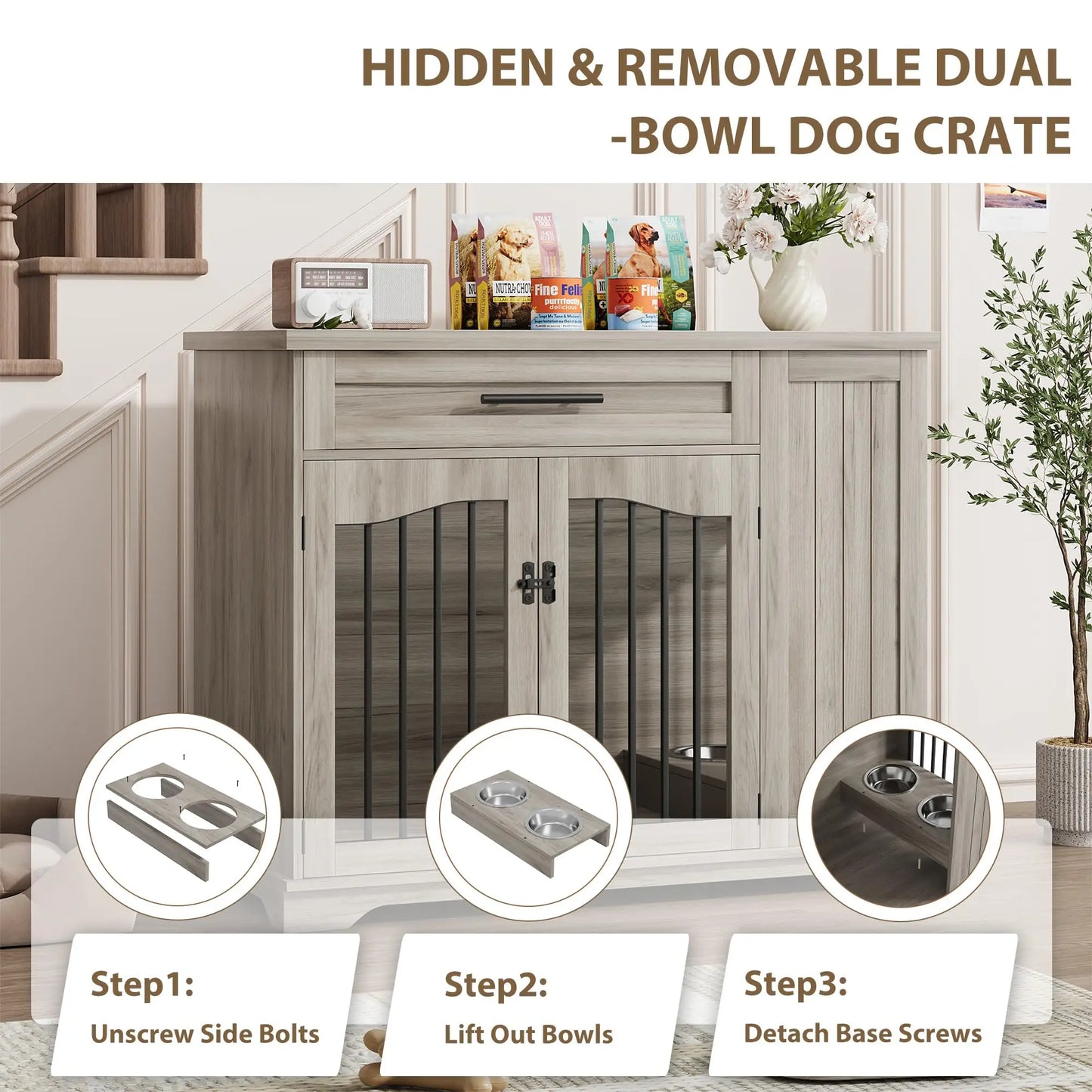 HiMISS Furniture Style Wooden Dog Crate Drawer Storage